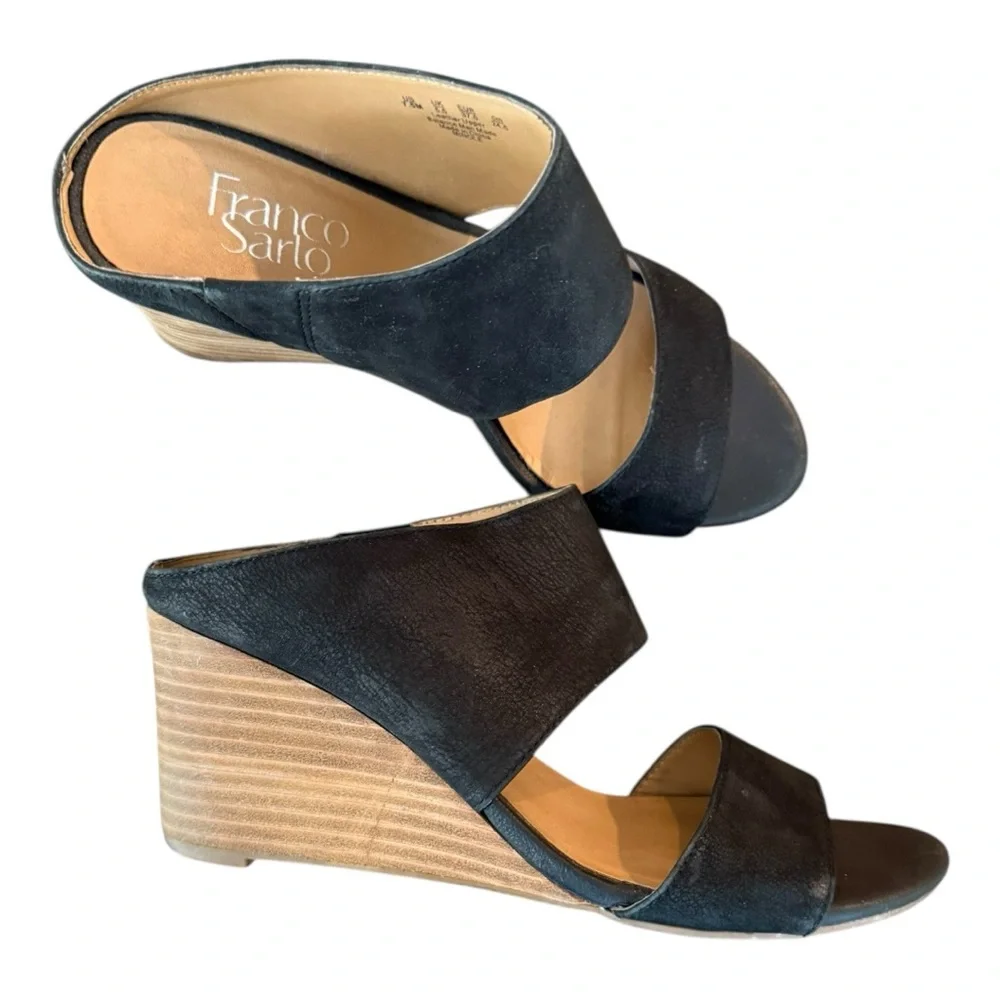 Franco Sarto Women’s Mingle Black Wedge Sandals Size 7.5 Leather Casual Party
